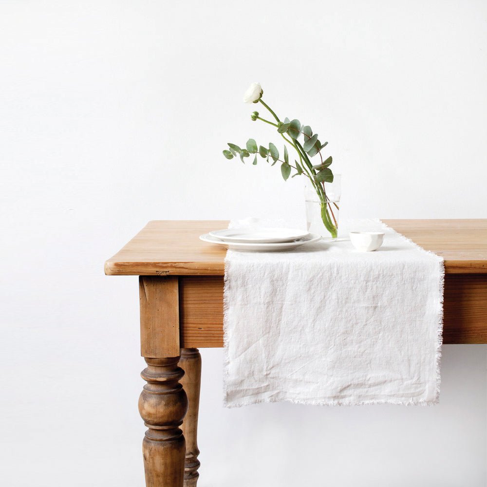 Optical White Linen Table Runner with Fringes - Wick'ed Fragrance House