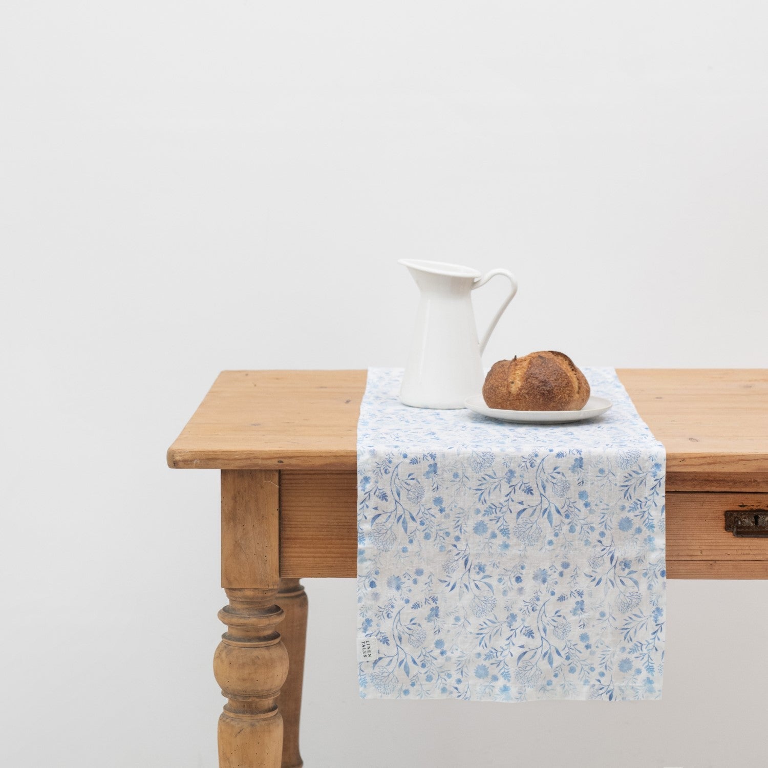 White Botanical Blue Linen Table Runner - Wick'ed Fragrance House